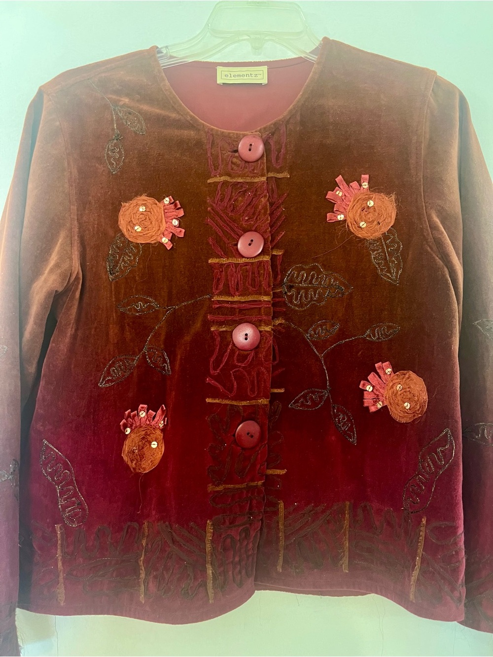 Elementz Red Velvet Embroidered Button Jacket - Picture 4 of 5